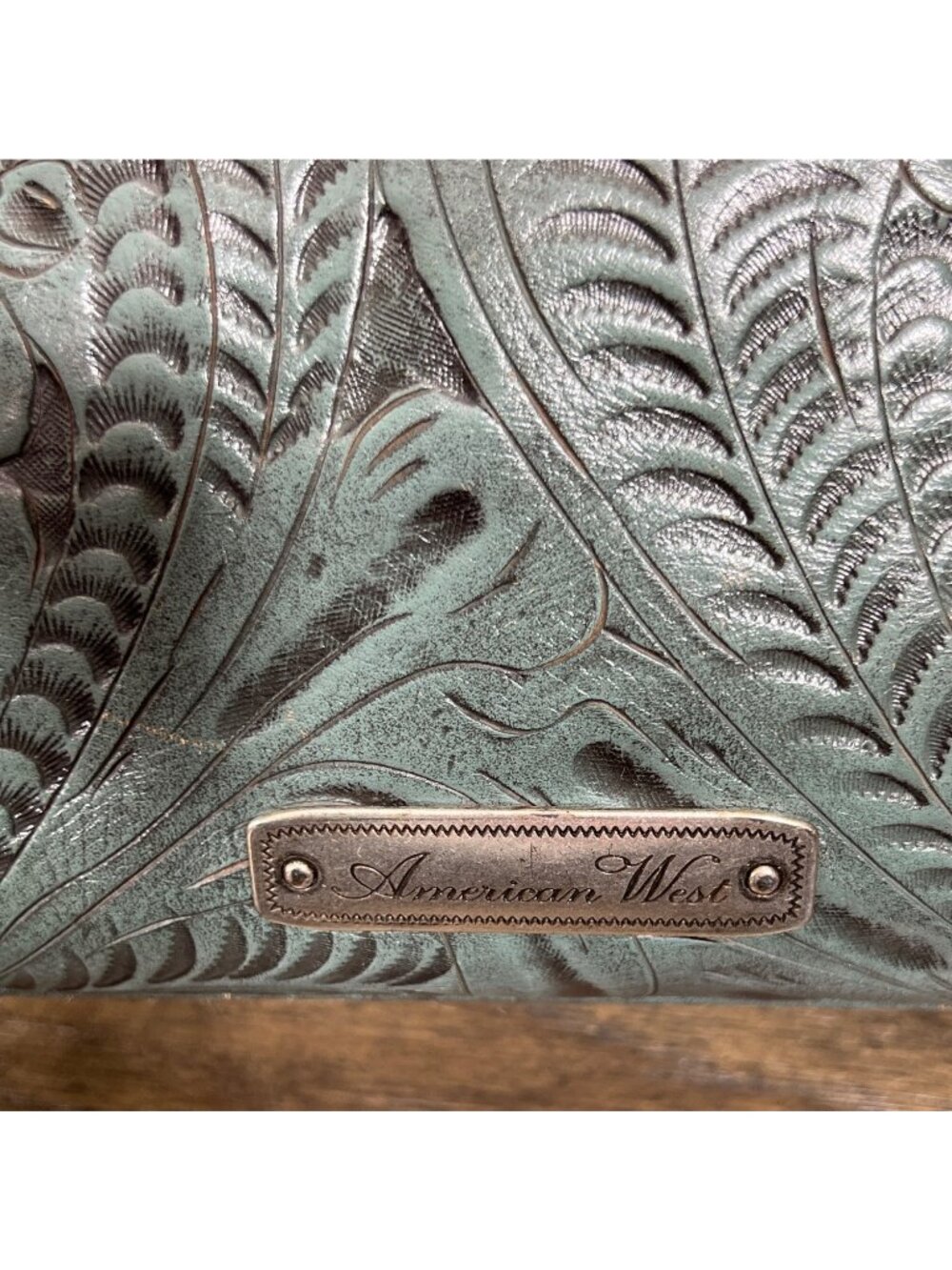 AMERICAN WEST Double Handle Tooled Leather Floral Design Bag Sage EUC - Picture 8 of 11